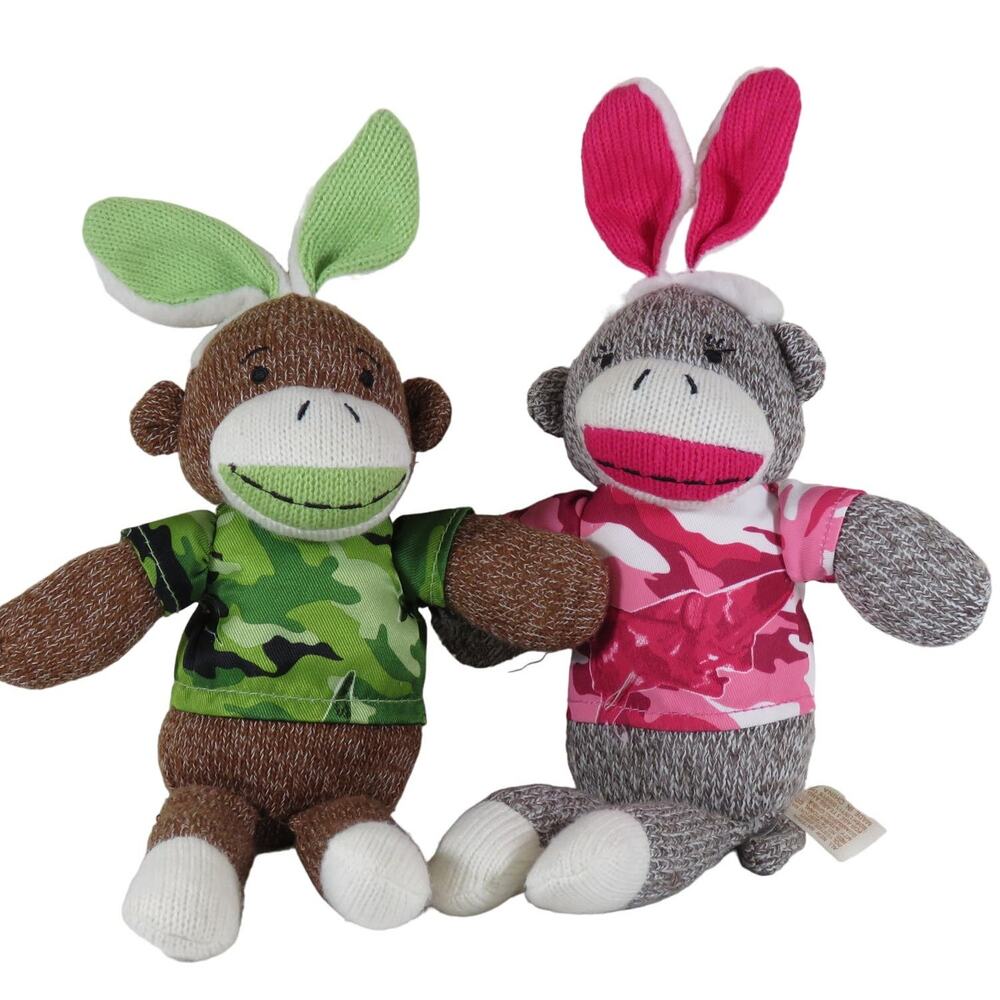 DanDee Sock Monkey Plush Camo Bunny Ears Green and Pink 10" Lot Easter Toys